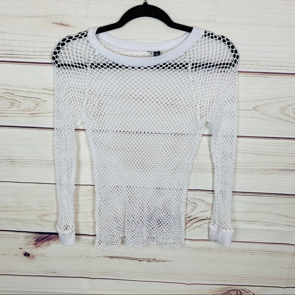 white fishnet long sleeve top